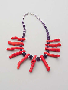 Amethyst, Coral and Pearl Tribal Necklace
