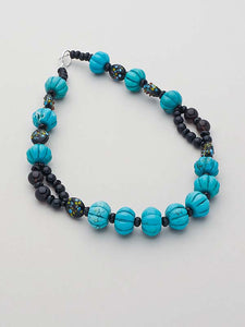 Turquoise Melon and Smokey Quartz Beaded Gem Necklace   SOLD