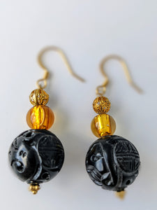 Carved Plastic Black Bead and Gold Murano Glass Earrings SOLD