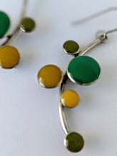 Load image into Gallery viewer, Sterling Silver Earrings with Emerald and Ochre Coloured Enamel
