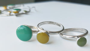 Set of 3 Sterling Silver Rings with Emerald, Moss & Ochre Coloured Enamel