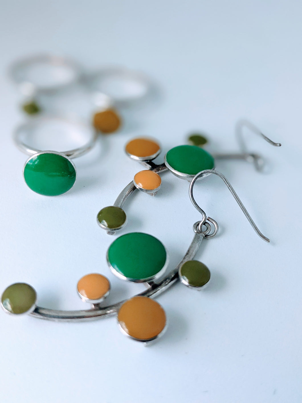 Sterling Silver Earrings with Emerald and Ochre Coloured Enamel