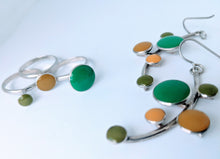 Load image into Gallery viewer, Sterling Silver Earrings with Emerald and Ochre Coloured Enamel

