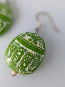 Lime Green Polymer Clay Earrings with Egyptian Carving by Sera