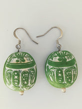 Load image into Gallery viewer, Lime Green Polymer Clay Earrings with Egyptian Carving by Sera
