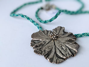 Fine Silver Leaf Pendant On Traditional Japanese Braid