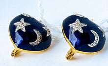 Load image into Gallery viewer, Blue Heart Shaped Enamel Earrings with Stars and Moons.

