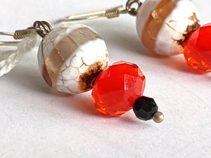 White Banded Apate & Red Crystal Earrings