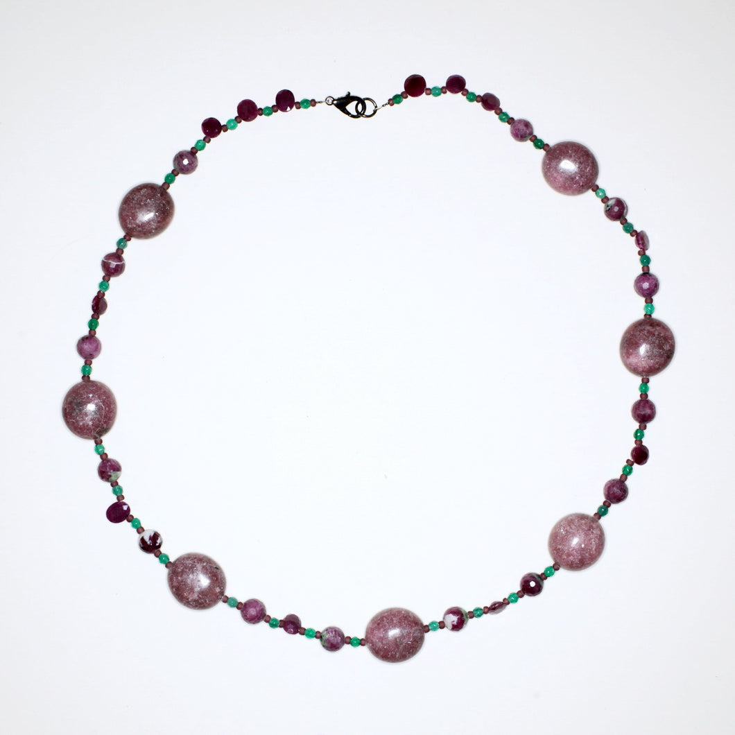 Purple Zoisite, Green Onyx and Ruby Necklace