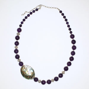 Pāua Shell Bead, Purple Amethyst and Silver Necklace