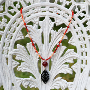 Mexican Fire Opal Neck Piece With Carnelian Bead & Black Pendant Center Pieces