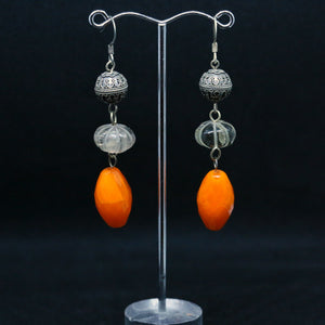 Orange Czech Firepolished Glass Beads, Stirling Silver and Smokey Quartz Earrings by Christine Smalley