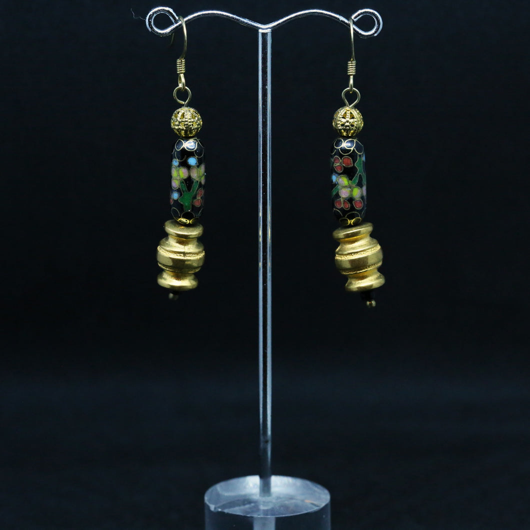 Chinese Vintage Cloisonne Beads, Brass and Gold Plated Bead Earrings