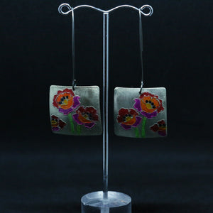 Nickel Silver Hand-painted Poppy Hook Earrings by Dale Hoffman