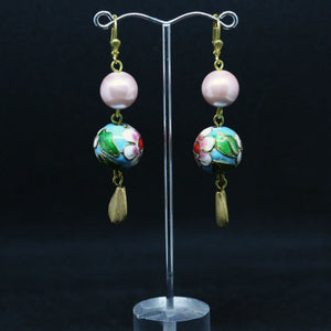 Cloisonné, Glass Pearl and Gold Earrings