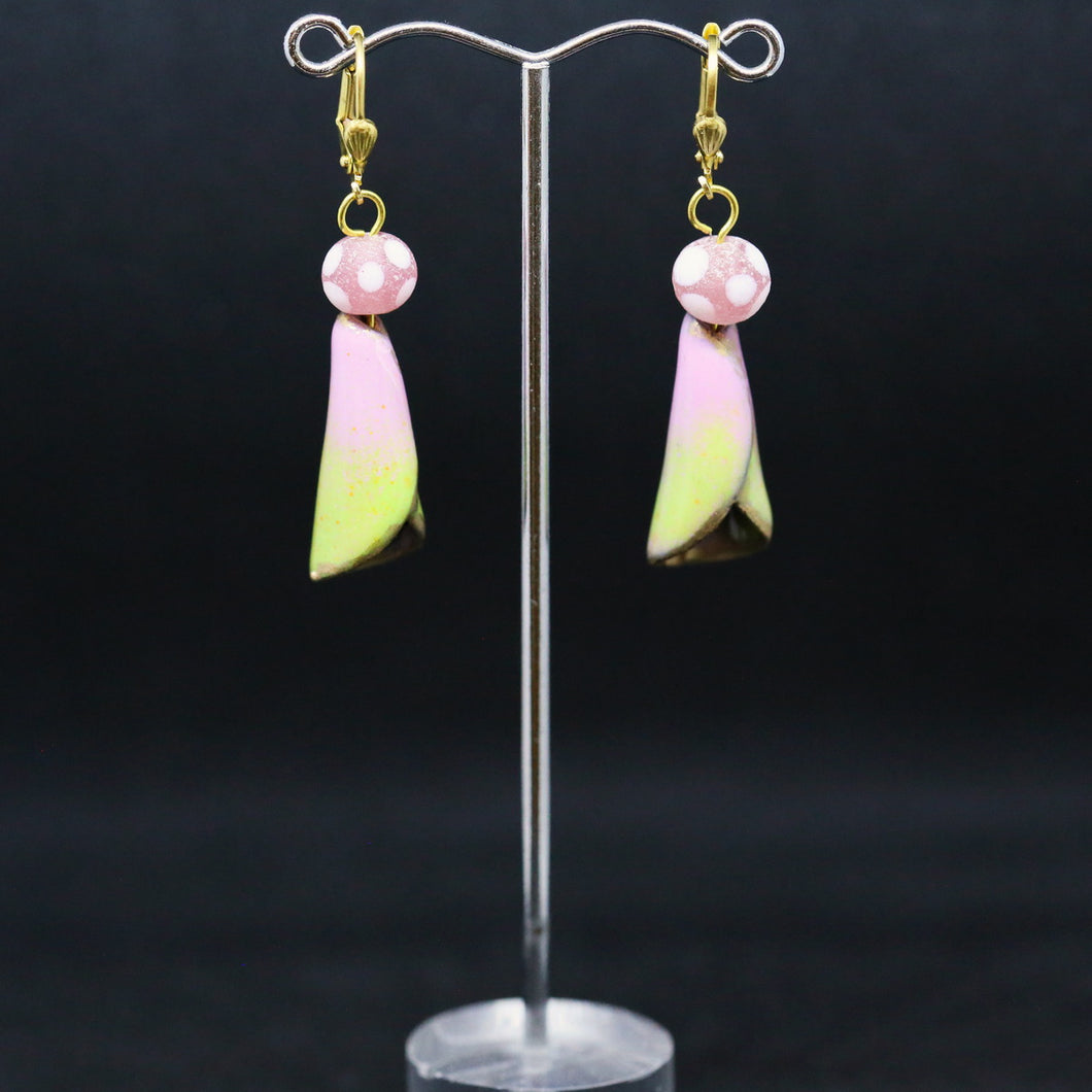 Stylish Earrings with Pink and Green Enamel Cone with Gold Trim Jan Rietdyk