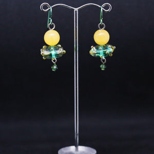 Exquisite Glass Cushion Earrings with Yellow Jade and Green Crystal