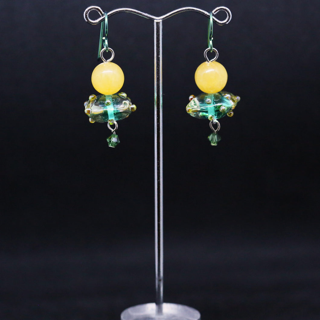 Exquisite Glass Cushion Earrings with Yellow Jade and Green Crystal