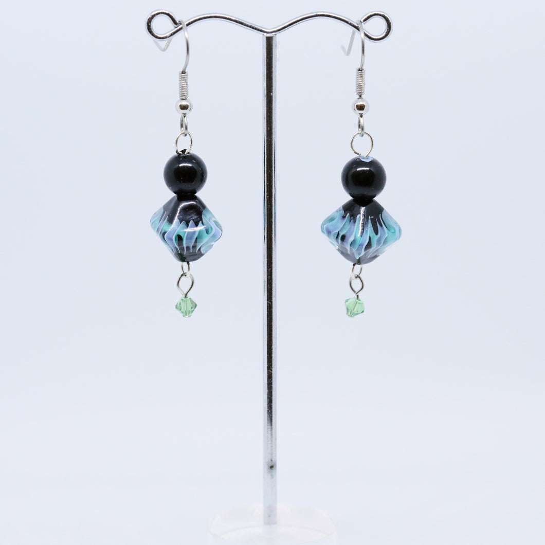 Blue and Mauve Wave Glass Earrings with Blue Goldstone and Faceted Teal Crystals