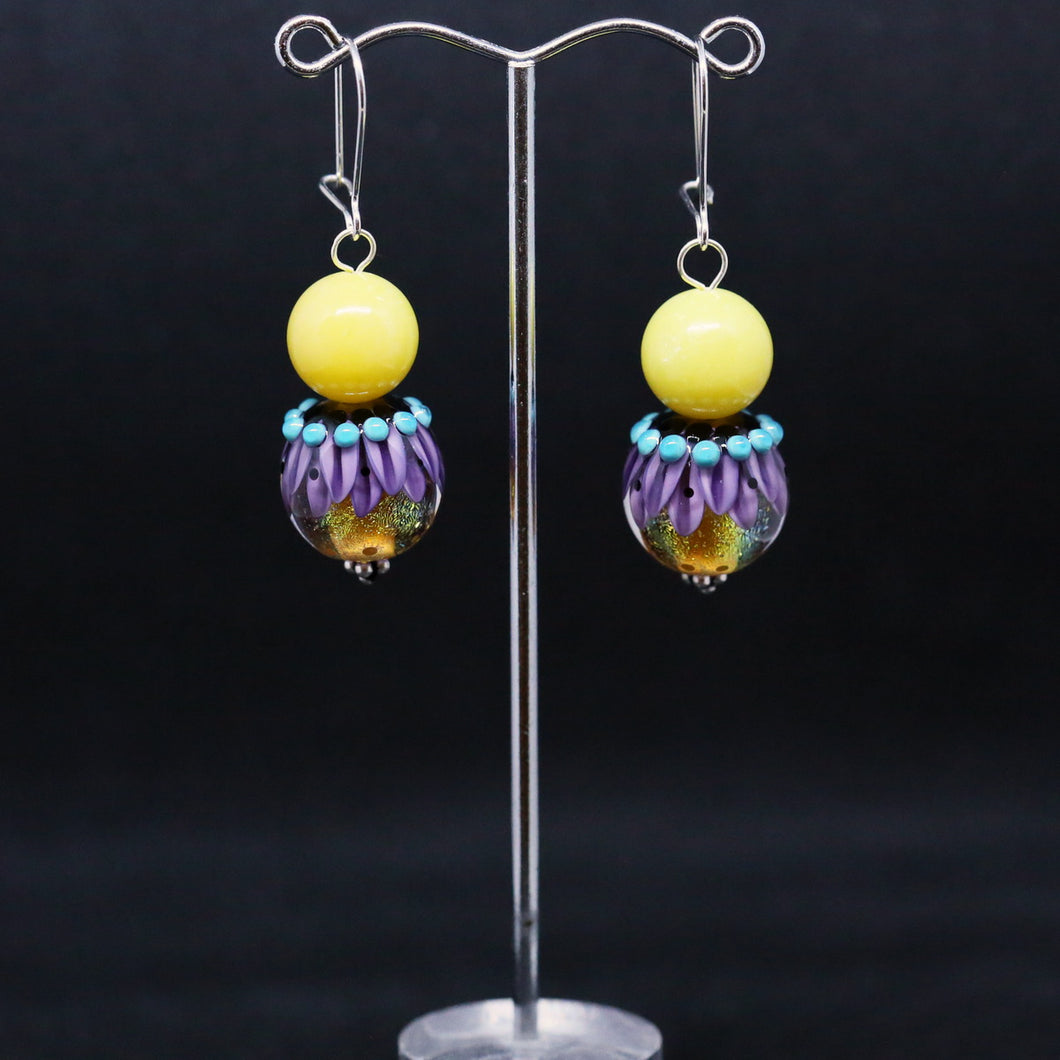 Striking Yellow, Purple and Blue Earrings with Glass Beads by Regis Teixera