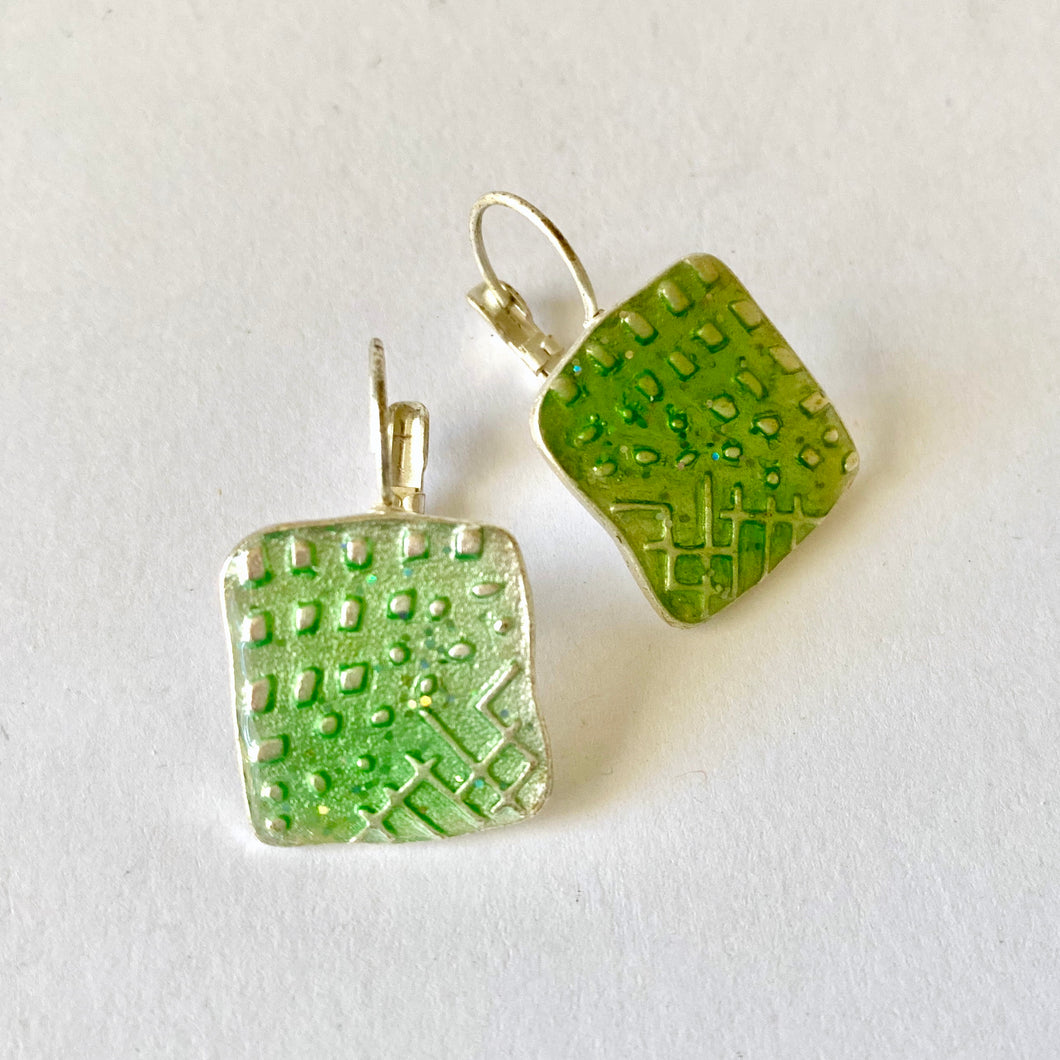 Square Green Resin and Aluminium Earrings