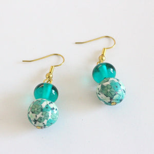 Floral Polymer and Teal Glass Bead Earrings