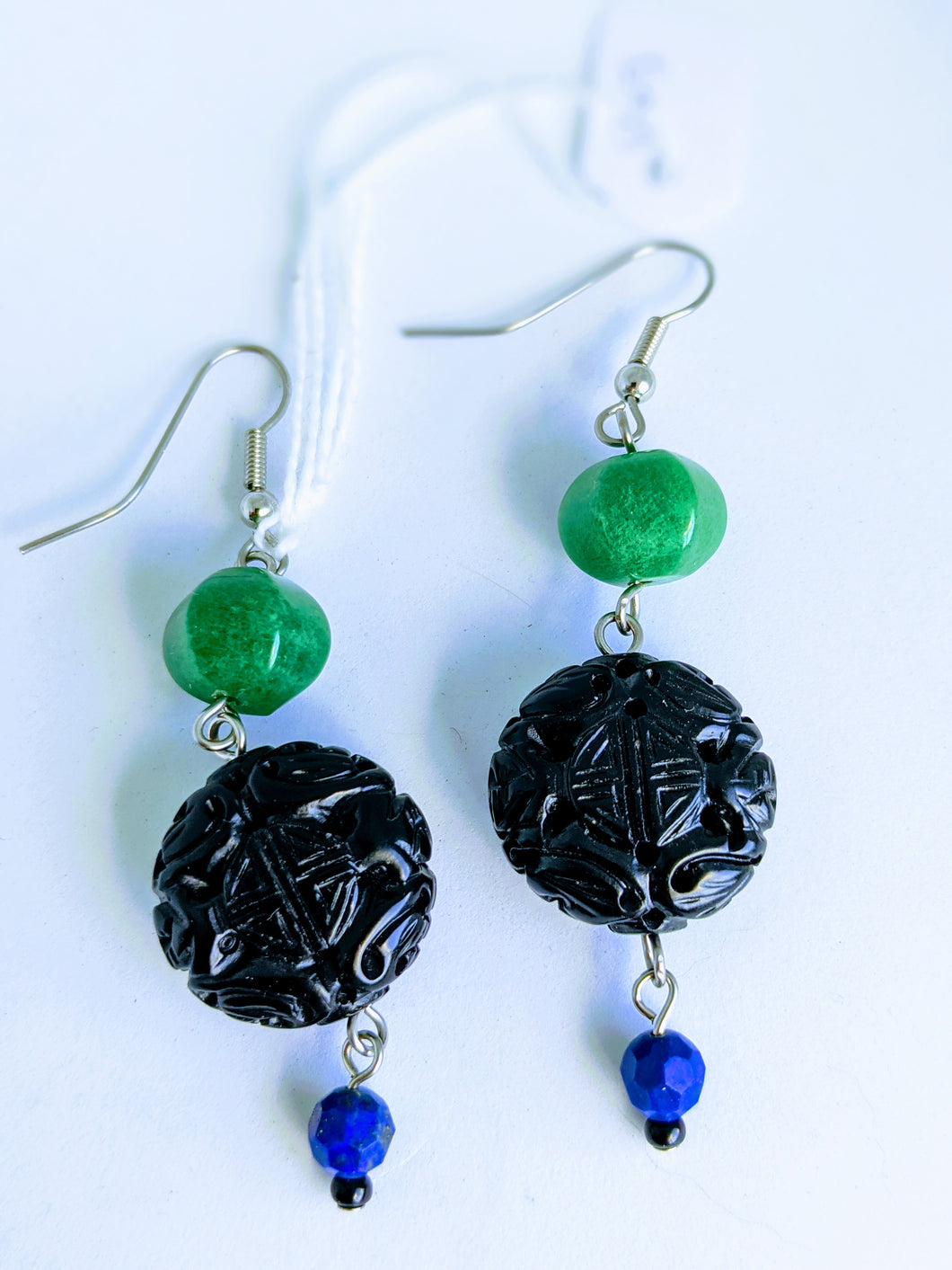 Carved Plastic Black Earrings with Green and Blue Faceted Beads