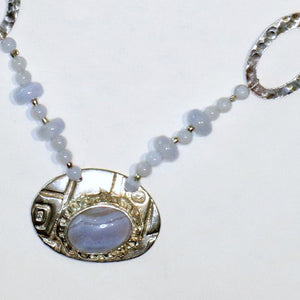 Blue Lace Agate and Sterling Silver Pendant Necklace