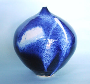 Vessel - tear drop,  cobalt blue,  white splash decoration