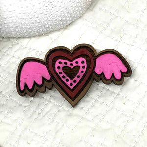 Flying Heart Brooch (Small) - Pink and Walnut by Skitty Kitty