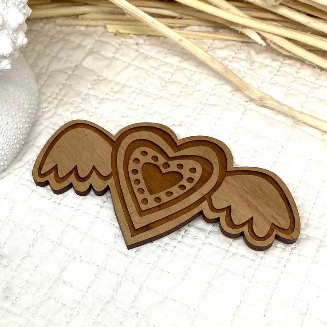 Flying Heart Brooch (Large) - Maple Wood by Skitty Kitty
