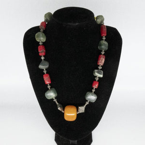 Vintage Tibetan Amber, Green Turquoise, Red Coral & Tribal Silver Necklace